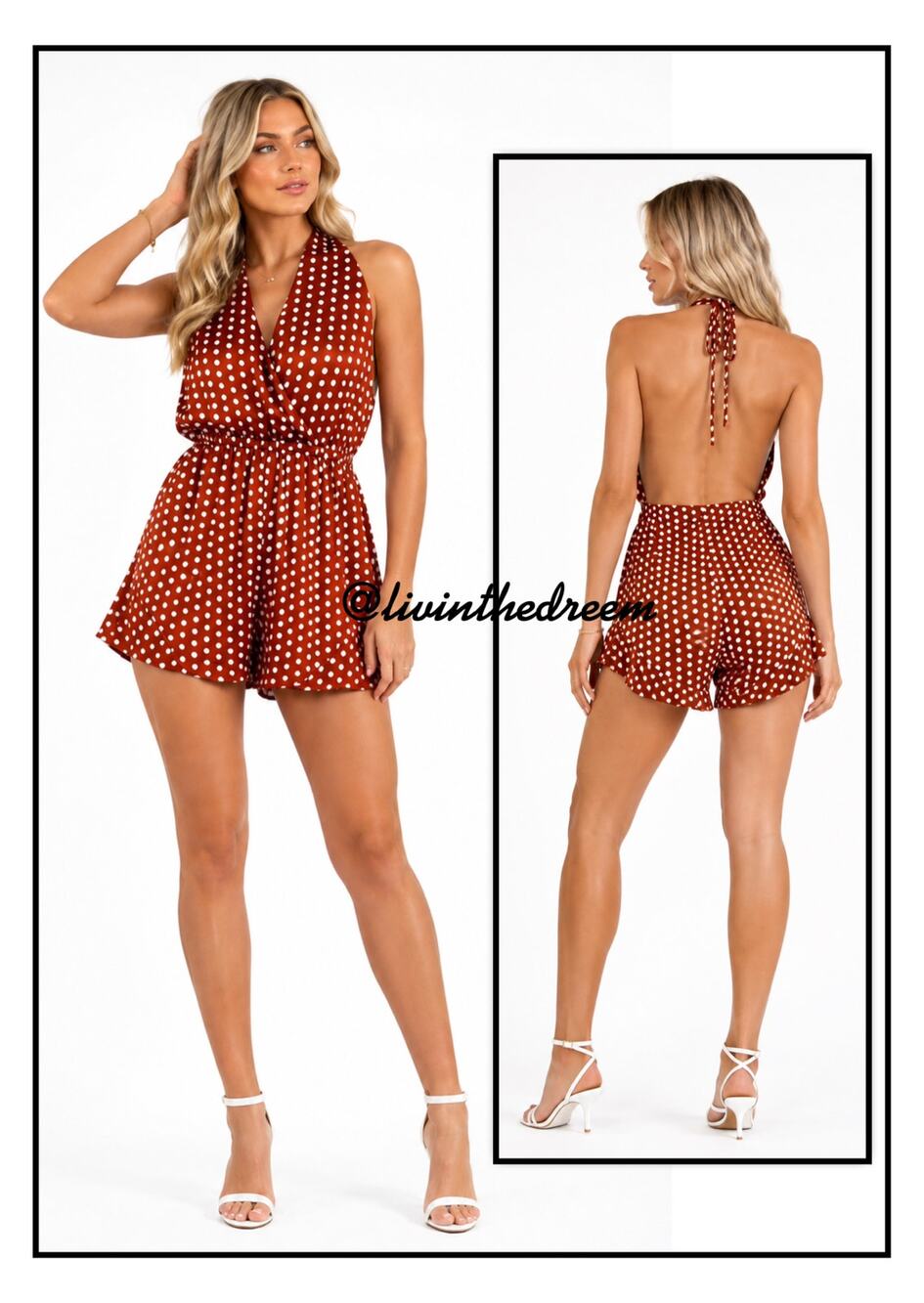 Zaful Rust & White Polka Dot Halter Neck Romper SZ L $59